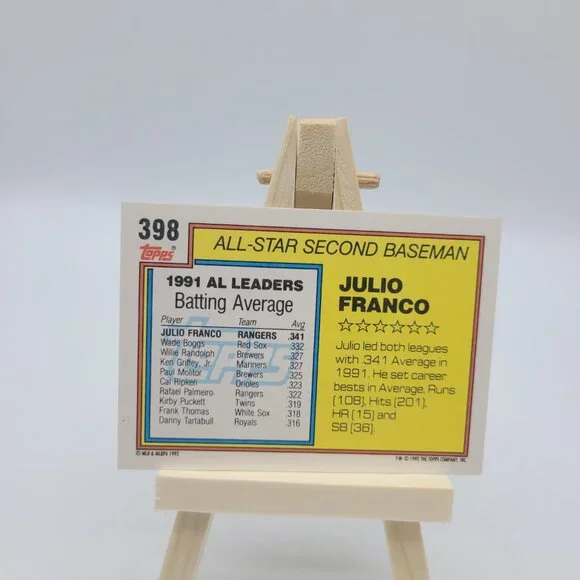 1992 Topps Julio Franco #398 All Star Texas Rangers Baseball Card NM - Picture 2 of 2
